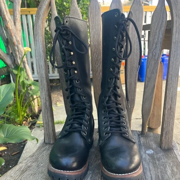 90s knee high lace up boots genuine leather logger black Skechers goodyear welt - Picture 4 of 16